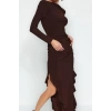 Kadın Moda Şık Midi Boy Bisiklet Yaka Regular Düz Eteği Volanlı Kayık Kaya Esnek Örme Örme Elbise