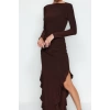 Kadın Moda Şık Midi Boy Bisiklet Yaka Regular Düz Eteği Volanlı Kayık Kaya Esnek Örme Örme Elbise