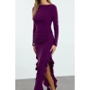 Kadın Moda Şık Midi Boy Bisiklet Yaka Regular Düz Eteği Volanlı Kayık Kaya Esnek Örme Örme Elbise