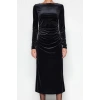Women Fashion Stylish Midi Length Boat Neck Slim Velvet Pleated Fitted Body-hugging Stretchy Knitted Dress