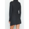 Women Fashion Stylish Mini Length Stand Collar Regular Stitch Detailed Selanik Knitted Dress