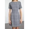 Women Fashion Stylish Mini Length Crew Neck Regular Plaid Checkered Straight Cut Tweed Woven Dress