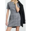 Women Fashion Stylish Mini Length Crew Neck Regular Plaid Checkered Straight Cut Tweed Woven Dress