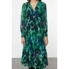 Women Fashion Stylish Midi Length V Neck Regular Abstract Patterned Waist Open Lined Chiffon Woven Dress