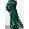 Women Fashion Stylish Midi Length V Neck Regular Abstract Patterned Waist Open Lined Chiffon Woven Dress