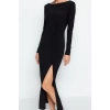 Kadın Moda Şık Maxi Boy Kayık Yaka Slim Düz Bodycone Sırt Baskılı Örme Elbise Vücuda Oturan Esnek
