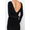 Kadın Moda Şık Maxi Boy Kayık Yaka Slim Düz Bodycone Sırt Baskılı Örme Elbise Vücuda Oturan Esnek