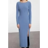 Kadın Moda Şık Maxi Boy Kayık Yaka Slim Düz Bodycone Sırt Baskılı Örme Elbise Vücuda Oturan Esnek