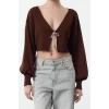 Kadın Moda Şık V Yaka Düşük Kol Crop Süper Basic Fiyonklu Triko Hırka