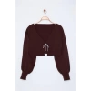 Kadın Moda Şık V Yaka Düşük Kol Crop Süper Basic Fiyonklu Triko Hırka