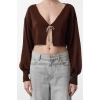 Kadın Moda Şık V Yaka Düşük Kol Crop Süper Basic Fiyonklu Triko Hırka
