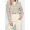 Women Fashion Stylish Stand Collar Standard Sleeve Crop Super Zipper Knitwear Sweater