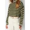 Women Fashion Stylish Turtleneck Low Sleeve Crop Striped Knitwear Sweater