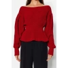 Women Fashion Stylish Boat Neck Balloon Sleeve Regular Flounce Knitwear Sweater