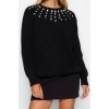 Womens Fashion Stylish Crew Neck Standard Sleeve Regular Soft Texture Stone Detailed Knitwear Sweater
