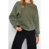 Kadın Regular Bisiklet Yaka Düşük Kol Regular Eskitme Kalın İçi Polarlı Geniş Kalıp Örme Sweatshirt