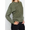 Kadın Regular Bisiklet Yaka Düşük Kol Regular Eskitme Kalın İçi Polarlı Geniş Kalıp Örme Sweatshirt