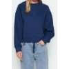Women Fashion Stylish Regular Crew Neck Low Sleeve Crop Fit Embroidered Thick Fleece Knitted Sweatshirt