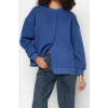 Womens Regular Crew Neck Low Sleeve Regular Thick Polar Fleece Asymmetric Detailed Knitted Sweatshirt