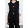 Women Fashion Stylish Regular Long Length Long Sleeve Button Detailed Vest-Pants Knitwear Bottom-Top Set