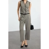 Women Fashion Stylish Regular Length Long Sleeve Polyviscon Fabric Woven Vest-Pants Set
