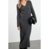 Women Fashion Stylish Maxi Length V Neck Regular Knitted Woolen Basic Dress