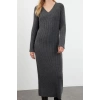 Women Fashion Stylish Maxi Length V Neck Regular Knitted Woolen Basic Dress