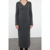 Women Fashion Stylish Maxi Length V Neck Regular Knitted Woolen Basic Dress