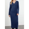 Women Fashion Stylish Maxi Length V Neck Regular Knitted Woolen Basic Dress