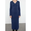 Women Fashion Stylish Maxi Length V Neck Regular Knitted Woolen Basic Dress