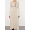 Womens Fashion Stylish Midi Length Polo Collar Regular Knitwear Striped Piping Detail Dress