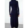 Womens Fashion Stylish Midi Length Polo Collar Regular Knitwear Striped Piping Detail Dress