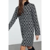 Women Fashion Stylish Mini Length Stand Collar Regular Knitwear Geometric Patterned Dress