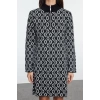 Women Fashion Stylish Mini Length Stand Collar Regular Knitwear Geometric Patterned Dress