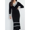 Women Fashion Stylish Midi Length V Neck Regular Knit Color Block Dress