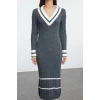Women Fashion Stylish Midi Length V Neck Regular Knit Color Block Dress