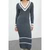 Women Fashion Stylish Midi Length V Neck Regular Knit Color Block Dress