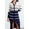 Women Fashion Stylish Midi Length Polo Neck Slim Knitwear Color Block Striped Dress