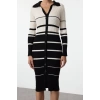 Women Fashion Stylish Midi Length Polo Neck Slim Knitwear Color Block Striped Dress
