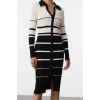 Women Fashion Stylish Midi Length Polo Neck Slim Knitwear Color Block Striped Dress