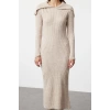 Women Fashion Stylish Midi Length Carmen Collar Regular Knitwear Soft Texture Turn-down Collar Dress