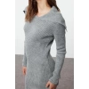 Women Fashion Stylish Midi Length Carmen Collar Regular Knitwear Soft Texture Turn-down Collar Dress
