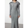 Women Fashion Stylish Midi Length Carmen Collar Regular Knitwear Soft Texture Turn-down Collar Dress