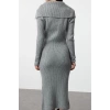 Women Fashion Stylish Midi Length Carmen Collar Regular Knitwear Soft Texture Turn-down Collar Dress