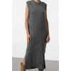 Women Fashion Stylish Maxi Length Crew Neck Regular Knitwear Soft Texture Slit Detailed Vest Dress
