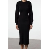 Women Fashion Stylish Midi Length Crew Neck Regular Dark Knitwear A-Line Form Fit Dress