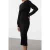 Women Fashion Stylish Midi Length Crew Neck Regular Dark Knitwear A-Line Form Fit Dress
