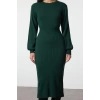 Women Fashion Stylish Midi Length Crew Neck Regular Dark Knitwear A-Line Form Fit Dress