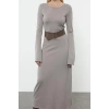 Women Fashion Stylish Maxi Length Crew Neck Regular Knitted Belted Dress