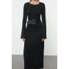 Women Fashion Stylish Maxi Length Crew Neck Regular Knitted Belted Dress